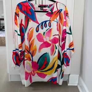 Ali Miles Knit V-Neck Floral Multicolored 3/4-Length Sleeve Tunic Size L